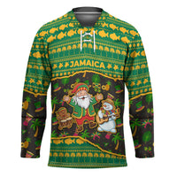 Jamaica Christmas Hockey Jersey with Rasta Santa Snowman Gingerbread Drummer Palm Trees and Green Yellow Knit Pattern Design - Wonder Print Shop