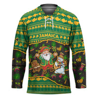 Jamaica Christmas Hockey Jersey with Rasta Santa Snowman Gingerbread Drummer Palm Trees and Green Yellow Knit Pattern Design - Wonder Print Shop