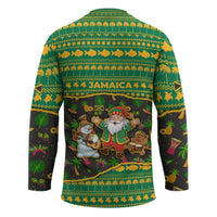 Jamaica Christmas Hockey Jersey with Rasta Santa Snowman Gingerbread Drummer Palm Trees and Green Yellow Knit Pattern Design - Wonder Print Shop