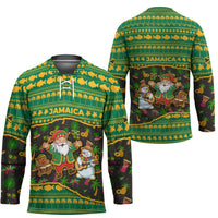 Jamaica Christmas Hockey Jersey with Rasta Santa Snowman Gingerbread Drummer Palm Trees and Green Yellow Knit Pattern Design - Wonder Print Shop