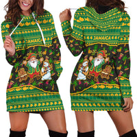 Jamaica Christmas Hoodie Dress with Rasta Santa Snowman Gingerbread Drummer Palm Trees and Green Yellow Knit Pattern Design - Wonder Print Shop