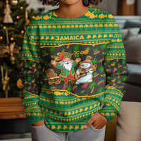 Jamaica Christmas Kid Ugly Christmas Sweater with Rasta Santa Snowman Gingerbread Drummer Palm Trees and Green Yellow Knit Pattern Design - Wonder Print Shop