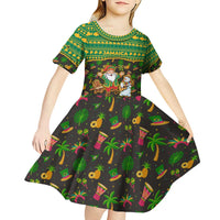 Jamaica Christmas Kid Short Sleeve Dress with Rasta Santa Snowman Gingerbread Drummer Palm Trees and Green Yellow Knit Pattern Design - Wonder Print Shop