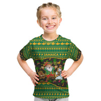 Jamaica Christmas Kid T Shirt with Rasta Santa Snowman Gingerbread Drummer Palm Trees and Green Yellow Knit Pattern Design - Wonder Print Shop