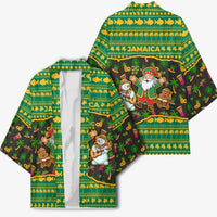 Jamaica Christmas Kimono with Rasta Santa Snowman Gingerbread Drummer Palm Trees and Green Yellow Knit Pattern Design - Wonder Print Shop