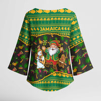 Jamaica Christmas Kimono Sleeve Blouse with Rasta Santa Snowman Gingerbread Drummer Palm Trees and Green Yellow Knit Pattern Design - Wonder Print Shop