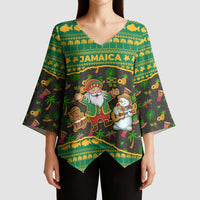Jamaica Christmas Kimono Sleeve Blouse with Rasta Santa Snowman Gingerbread Drummer Palm Trees and Green Yellow Knit Pattern Design - Wonder Print Shop