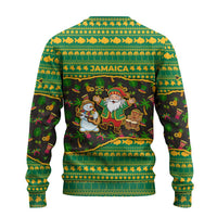 Jamaica Christmas Ugly Christmas Sweater with Rasta Santa Snowman Gingerbread Drummer Palm Trees and Green Yellow Knit Pattern Design - Wonder Print Shop