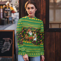 Jamaica Christmas Ugly Christmas Sweater with Rasta Santa Snowman Gingerbread Drummer Palm Trees and Green Yellow Knit Pattern Design - Wonder Print Shop