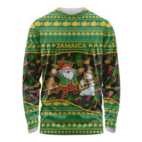 Jamaica Christmas Long Sleeve Shirt with Rasta Santa Snowman Gingerbread Drummer Palm Trees and Green Yellow Knit Pattern Design - Wonder Print Shop