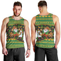 Jamaica Christmas Men Tank Top with Rasta Santa Snowman Gingerbread Drummer Palm Trees and Green Yellow Knit Pattern Design - Wonder Print Shop