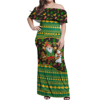 Jamaica Christmas Off Shoulder Maxi Dress with Rasta Santa Snowman Gingerbread Drummer Palm Trees and Green Yellow Knit Pattern Design - Wonder Print Shop