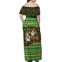 Jamaica Christmas Off Shoulder Maxi Dress with Rasta Santa Snowman Gingerbread Drummer Palm Trees and Green Yellow Knit Pattern Design - Wonder Print Shop