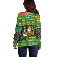 Jamaica Christmas Off Shoulder Sweater with Rasta Santa Snowman Gingerbread Drummer Palm Trees and Green Yellow Knit Pattern Design - Wonder Print Shop