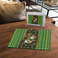 Jamaica Christmas Puzzle with Rasta Santa Snowman Gingerbread Drummer Palm Trees and Green Yellow Knit Pattern Design - Wonder Print Shop