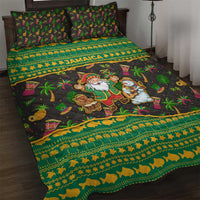 Jamaica Christmas Quilt Bed Set with Rasta Santa Snowman Gingerbread Drummer Palm Trees and Green Yellow Knit Pattern Design - Wonder Print Shop