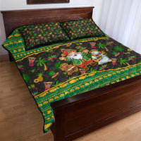 Jamaica Christmas Quilt Bed Set with Rasta Santa Snowman Gingerbread Drummer Palm Trees and Green Yellow Knit Pattern Design - Wonder Print Shop