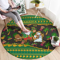 Jamaica Christmas Round Carpet with Rasta Santa Snowman Gingerbread Drummer Palm Trees and Green Yellow Knit Pattern Design - Wonder Print Shop