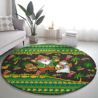 Jamaica Christmas Round Carpet with Rasta Santa Snowman Gingerbread Drummer Palm Trees and Green Yellow Knit Pattern Design - Wonder Print Shop