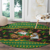 Jamaica Christmas Round Carpet with Rasta Santa Snowman Gingerbread Drummer Palm Trees and Green Yellow Knit Pattern Design - Wonder Print Shop