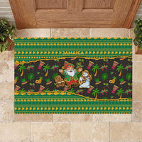 Jamaica Christmas Rubber Doormat with Rasta Santa Snowman Gingerbread Drummer Palm Trees and Green Yellow Knit Pattern Design - Wonder Print Shop