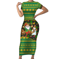 Jamaica Christmas Short Sleeve Bodycon Dress with Rasta Santa Snowman Gingerbread Drummer Palm Trees and Green Yellow Knit Pattern Design - Wonder Print Shop