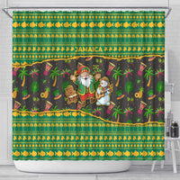 Jamaica Christmas Shower Curtain with Rasta Santa Snowman Gingerbread Drummer Palm Trees and Green Yellow Knit Pattern Design - Wonder Print Shop