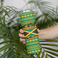 Jamaica Christmas Skinny Tumbler with Rasta Santa Snowman Gingerbread Drummer Palm Trees and Green Yellow Knit Pattern Design - Wonder Print Shop
