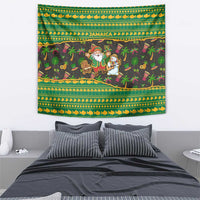Jamaica Christmas Tapestry with Rasta Santa Snowman Gingerbread Drummer Palm Trees and Green Yellow Knit Pattern Design - Wonder Print Shop
