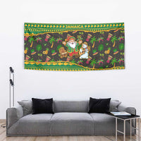 Jamaica Christmas Tapestry with Rasta Santa Snowman Gingerbread Drummer Palm Trees and Green Yellow Knit Pattern Design - Wonder Print Shop