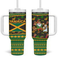 Jamaica Christmas Tumbler With Handle with Rasta Santa Snowman Gingerbread Drummer Palm Trees and Green Yellow Knit Pattern Design - Wonder Print Shop