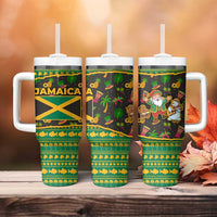 Jamaica Christmas Tumbler With Handle with Rasta Santa Snowman Gingerbread Drummer Palm Trees and Green Yellow Knit Pattern Design - Wonder Print Shop