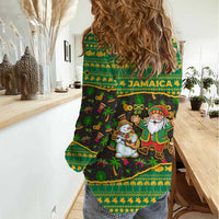Jamaica Christmas Women Casual Shirt with Rasta Santa Snowman Gingerbread Drummer Palm Trees and Green Yellow Knit Pattern Design - Wonder Print Shop