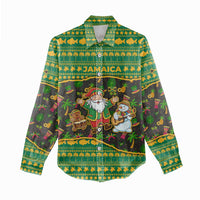 Jamaica Christmas Women Casual Shirt with Rasta Santa Snowman Gingerbread Drummer Palm Trees and Green Yellow Knit Pattern Design - Wonder Print Shop