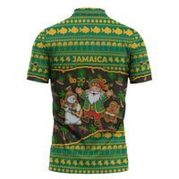Jamaica Christmas Zipper Polo Shirt with Rasta Santa Snowman Gingerbread Drummer Palm Trees and Green Yellow Knit Pattern Design - Wonder Print Shop