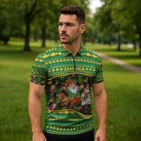 Jamaica Christmas Zipper Polo Shirt with Rasta Santa Snowman Gingerbread Drummer Palm Trees and Green Yellow Knit Pattern Design - Wonder Print Shop