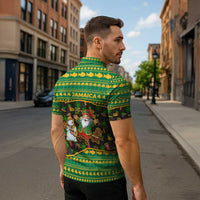 Jamaica Christmas Zipper Polo Shirt with Rasta Santa Snowman Gingerbread Drummer Palm Trees and Green Yellow Knit Pattern Design - Wonder Print Shop