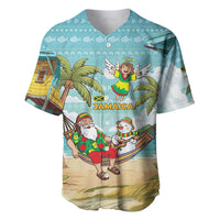 Jamaica Christmas Baseball Jersey with Rasta Santa Snowman Hammock Angel Palm Trees and Tropical Beach Design - Wonder Print Shop