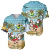 Jamaica Christmas Baseball Jersey with Rasta Santa Snowman Hammock Angel Palm Trees and Tropical Beach Design - Wonder Print Shop