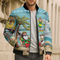 Jamaica Christmas Bomber Puffer Jacket with Rasta Santa Snowman Hammock Angel Palm Trees and Tropical Beach Design - Wonder Print Shop