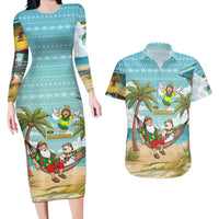 Jamaica Christmas Couples Matching Long Sleeve Bodycon Dress and Hawaiian Shirt with Rasta Santa Snowman Hammock Angel Palm Trees and Tropical Beach Design - Wonder Print Shop