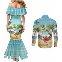 Jamaica Christmas Couples Matching Mermaid Dress and Long Sleeve Button Shirt with Rasta Santa Snowman Hammock Angel Palm Trees and Tropical Beach Design - Wonder Print Shop