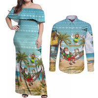 Jamaica Christmas Couples Matching Off Shoulder Maxi Dress and Long Sleeve Button Shirt with Rasta Santa Snowman Hammock Angel Palm Trees and Tropical Beach Design - Wonder Print Shop