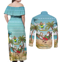 Jamaica Christmas Couples Matching Off Shoulder Maxi Dress and Long Sleeve Button Shirt with Rasta Santa Snowman Hammock Angel Palm Trees and Tropical Beach Design - Wonder Print Shop
