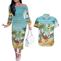 Jamaica Christmas Couples Matching Off The Shoulder Long Sleeve Dress and Hawaiian Shirt with Rasta Santa Snowman Hammock Angel Palm Trees and Tropical Beach Design - Wonder Print Shop