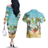 Jamaica Christmas Couples Matching Off The Shoulder Long Sleeve Dress and Hawaiian Shirt with Rasta Santa Snowman Hammock Angel Palm Trees and Tropical Beach Design - Wonder Print Shop