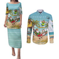 Jamaica Christmas Couples Matching Puletasi and Long Sleeve Button Shirt with Rasta Santa Snowman Hammock Angel Palm Trees and Tropical Beach Design - Wonder Print Shop