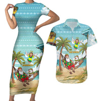Jamaica Christmas Couples Matching Short Sleeve Bodycon Dress and Hawaiian Shirt with Rasta Santa Snowman Hammock Angel Palm Trees and Tropical Beach Design - Wonder Print Shop