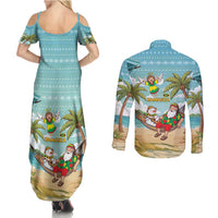 Jamaica Christmas Couples Matching Summer Maxi Dress and Long Sleeve Button Shirt with Rasta Santa Snowman Hammock Angel Palm Trees and Tropical Beach Design - Wonder Print Shop