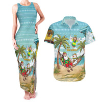 Jamaica Christmas Couples Matching Tank Maxi Dress and Hawaiian Shirt with Rasta Santa Snowman Hammock Angel Palm Trees and Tropical Beach Design - Wonder Print Shop